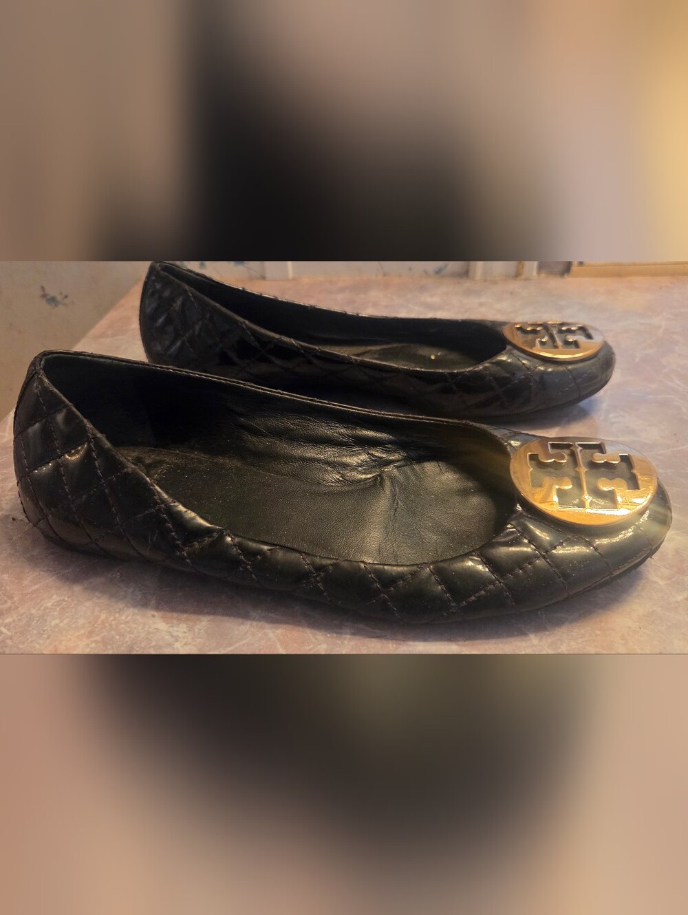 Tory Burch Black Leather Logo Ballet Flats with Gold Emblem - Picture 5 of 6